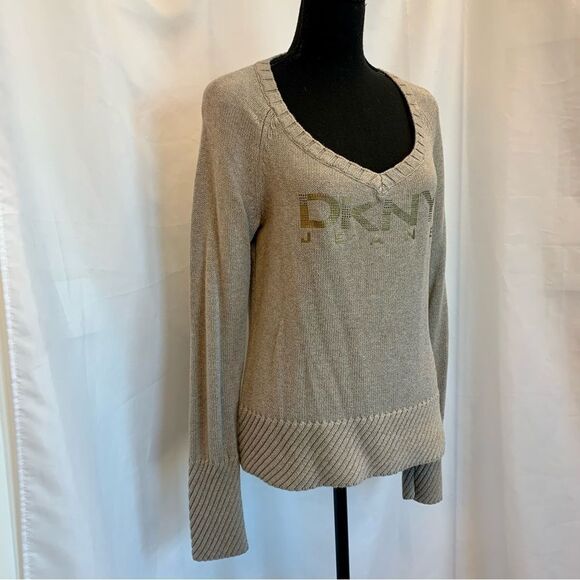 Dkny beige brown long sleeve V-neck metallic logo knit sweater Sz L - Picture 2 of 10